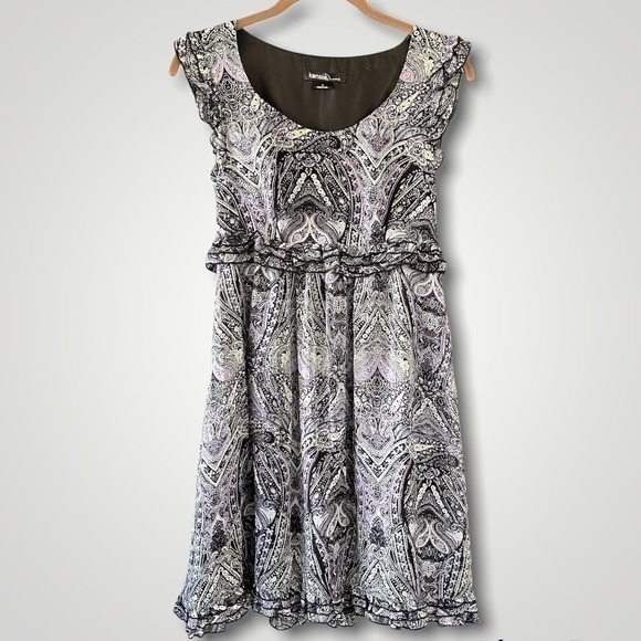 KENSIE 100% silk dress paisley chiffon ruffle fit and flare gray purple black - Picture 1 of 11